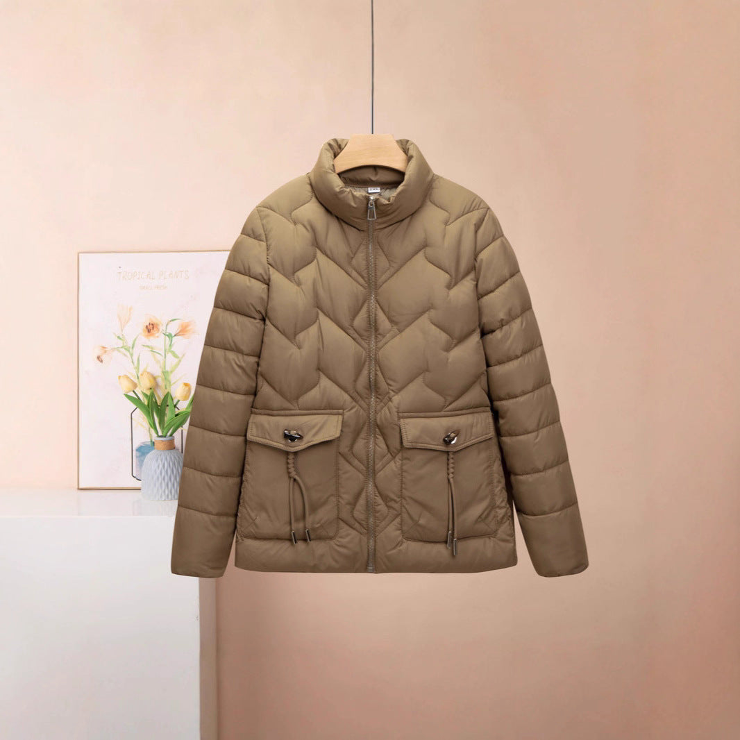 Solid Color Thick Cotton Jacket with Medium Length Design