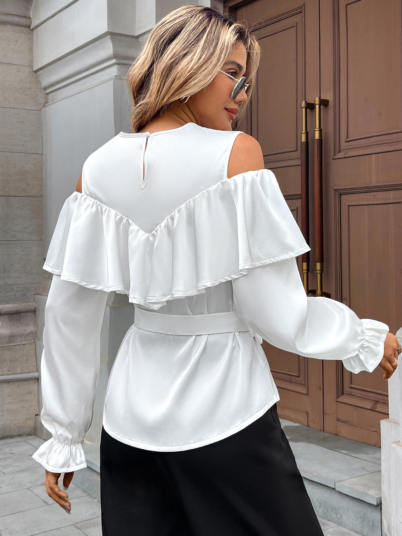 Long-sleeved Ruffled Off-the-shoulder Lace-up Shirt for Stylish Looks