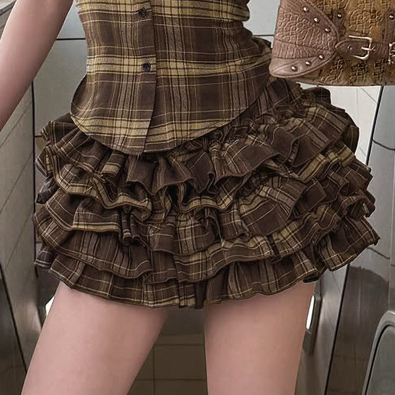 Plaid Pleated Slim-fit Tutu Skirt with Contrast Color Design