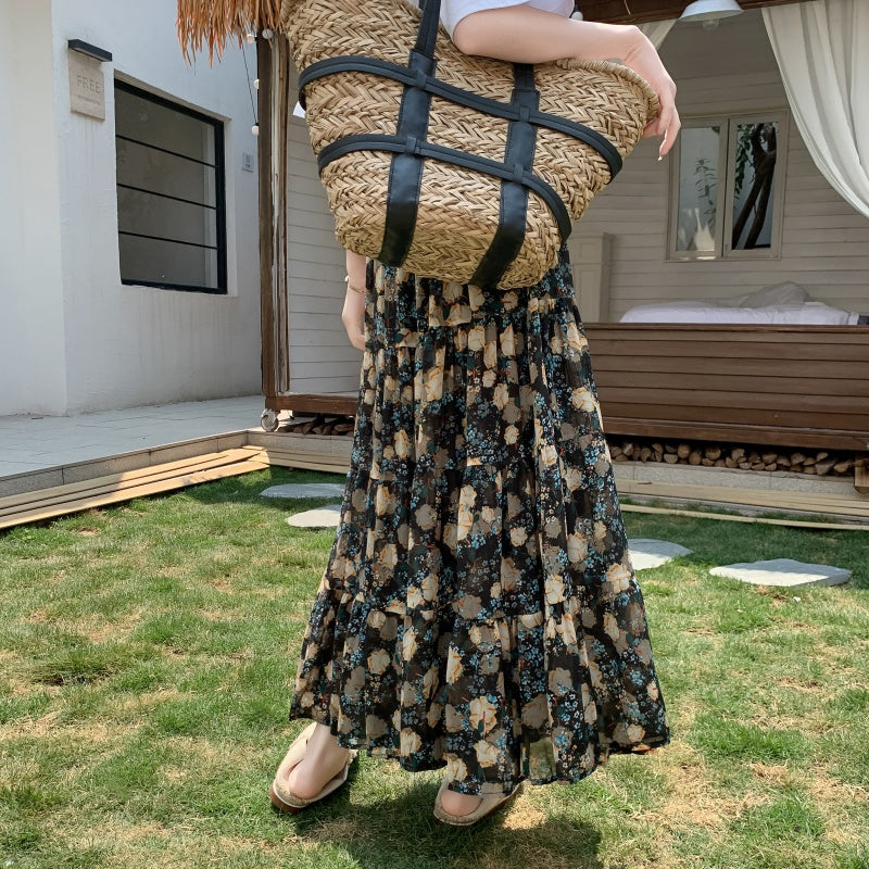 A-Line Chiffon Floral Skirt with Colorful Print Style