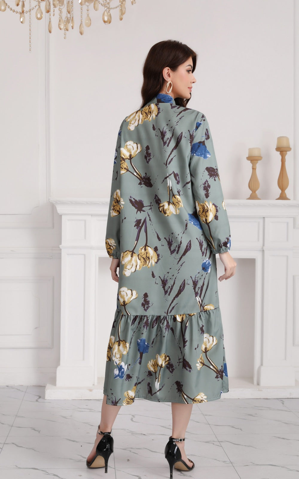 Floral Print Long Dress with Comfortable Cotton-Linen Blend Fabric