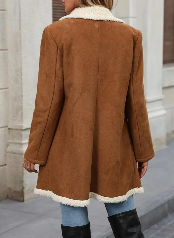 Mid-length Woolen Casual Jacket with Fleece Lining for Comfort