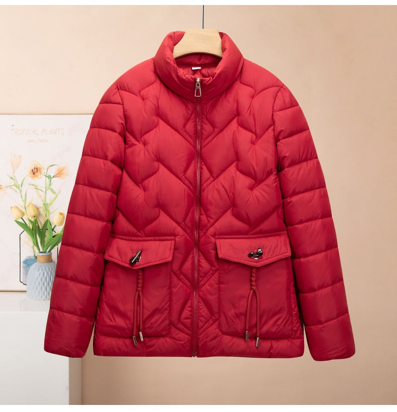 Solid Color Thick Cotton Jacket with Medium Length Design