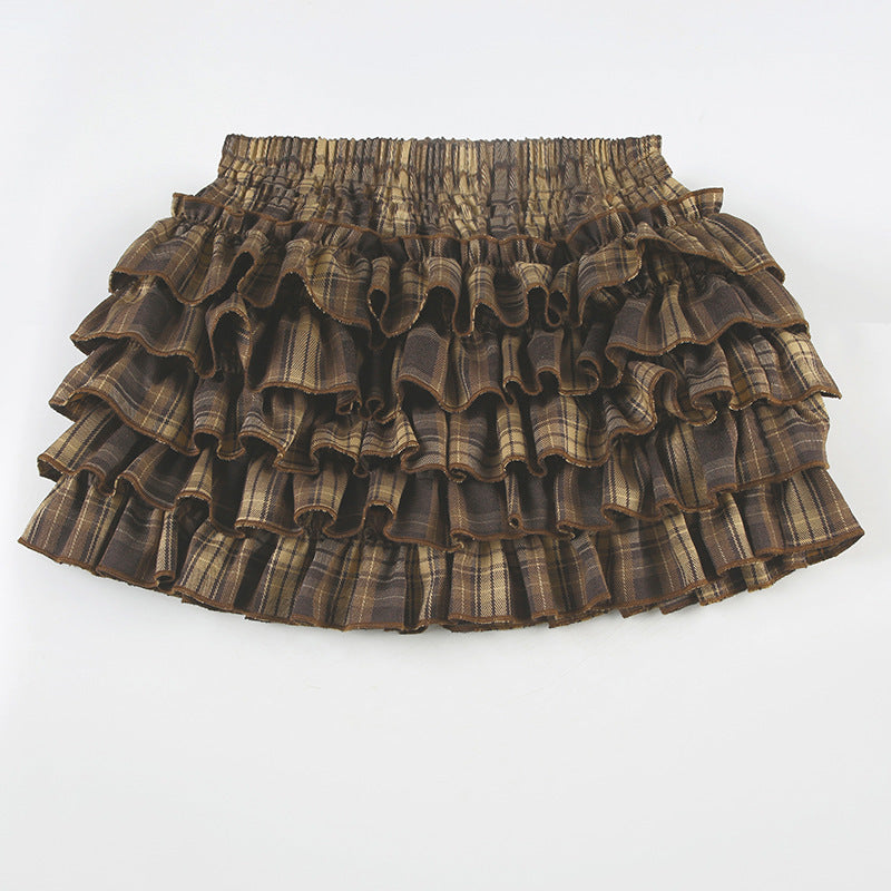 Plaid Pleated Slim-fit Tutu Skirt with Contrast Color Design