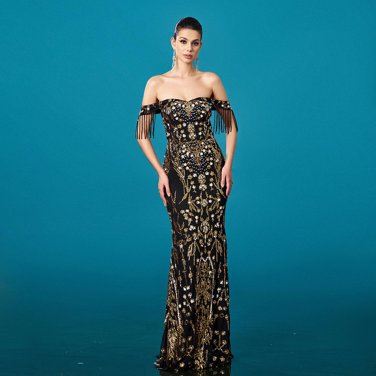 Fishtail Evening Dress with Off-neck Tassel Sequins for Banquet
