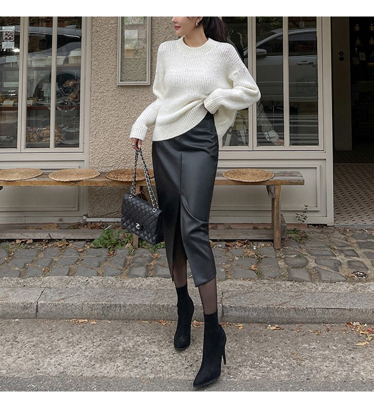 Split Leather Skirt with High Waist for Stylish Commuting Looks