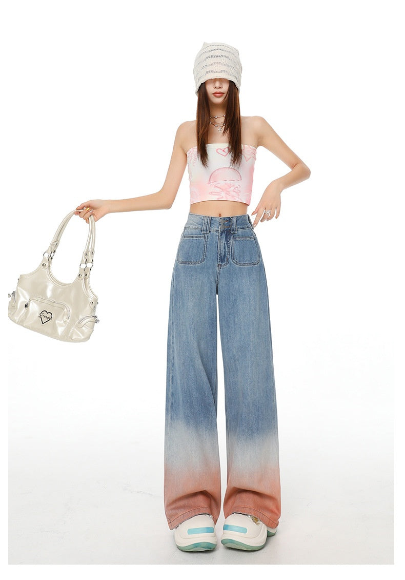 High Waist Wide Leg Jeans with Retro Blue Gradient Style