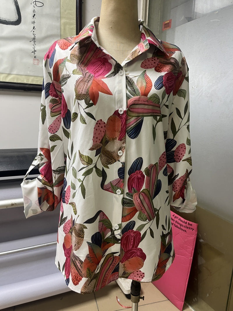 Casual Print Shirt Top with Floral Patterns and Long Sleeves