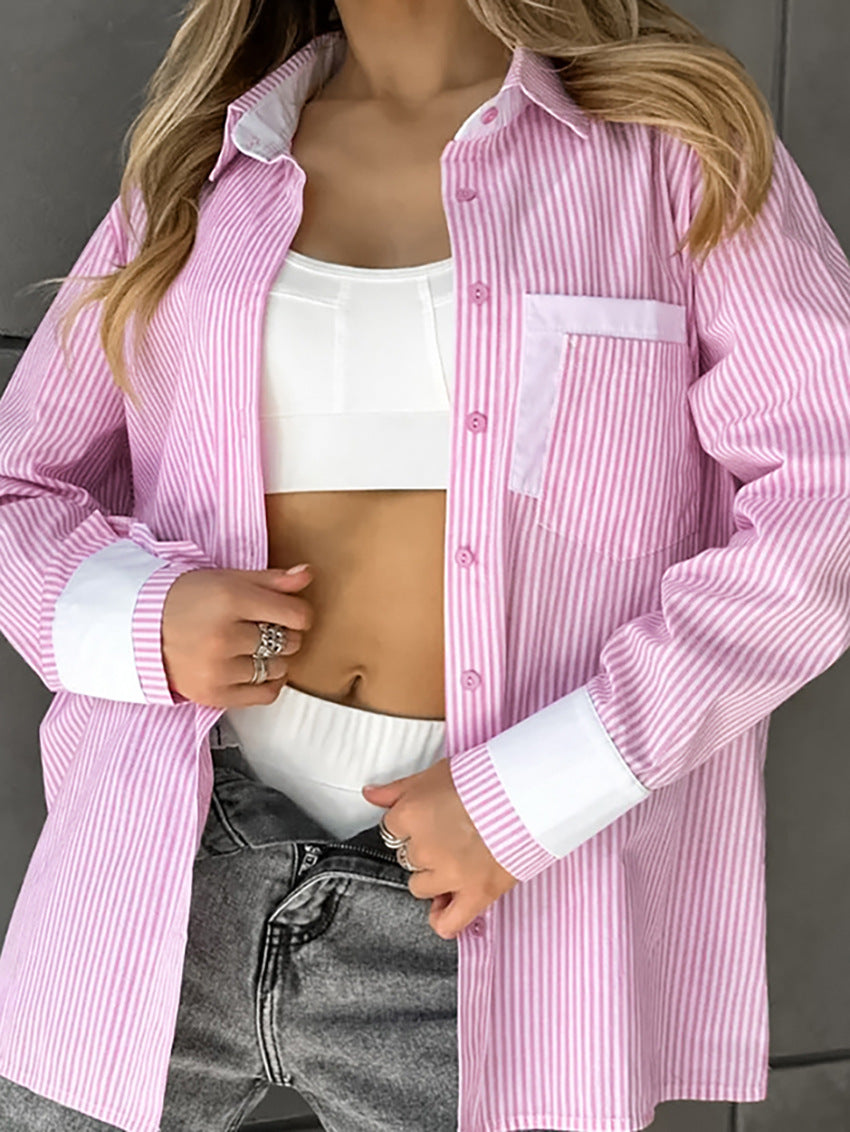 Oversize Loose Striped Blouse with Comfortable Cardigan Style