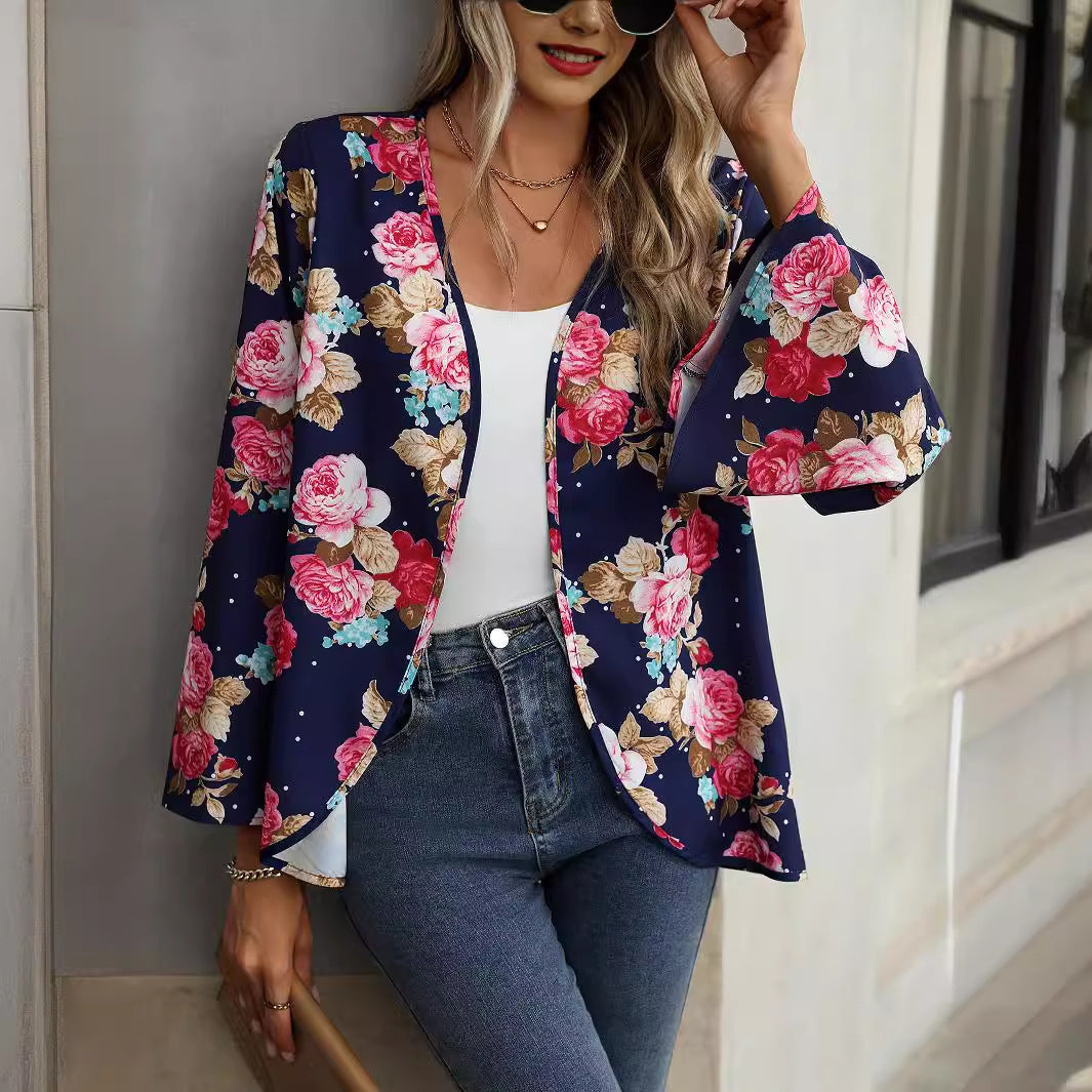 V-neck Floral Bell Sleeve Blouse with Casual Style and Print Design