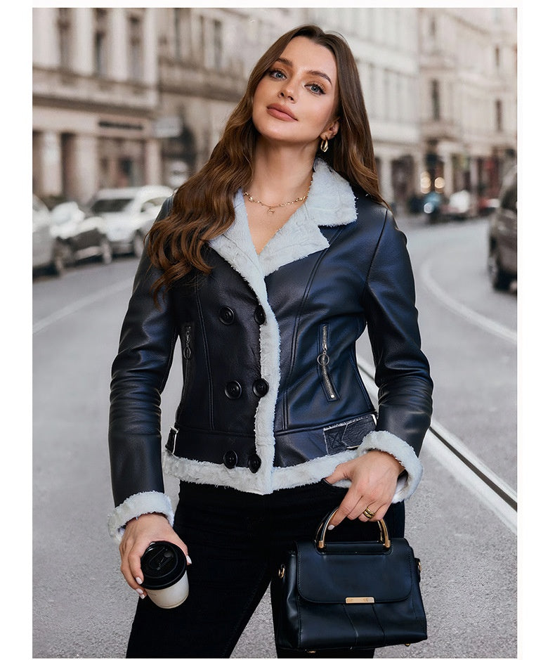 Fleece Padded Leather Coat with Fur Collar Alternative Styling