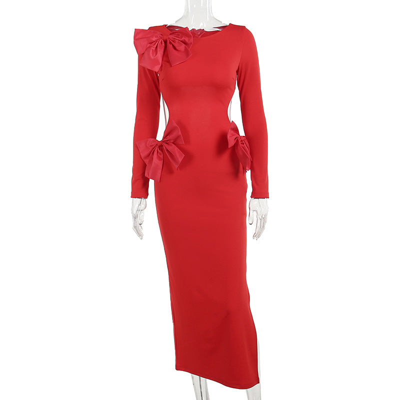 Slim-fit Sheath Dress with Bow Detail and Open Back Design