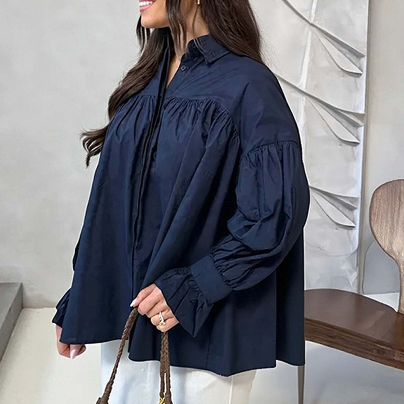 Pleated Lapel Splicing Blouse with Long Sleeve Design