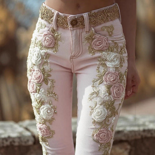 Retro Pink Rose Embroidered Artistic Printed Jeans for a Unique Style