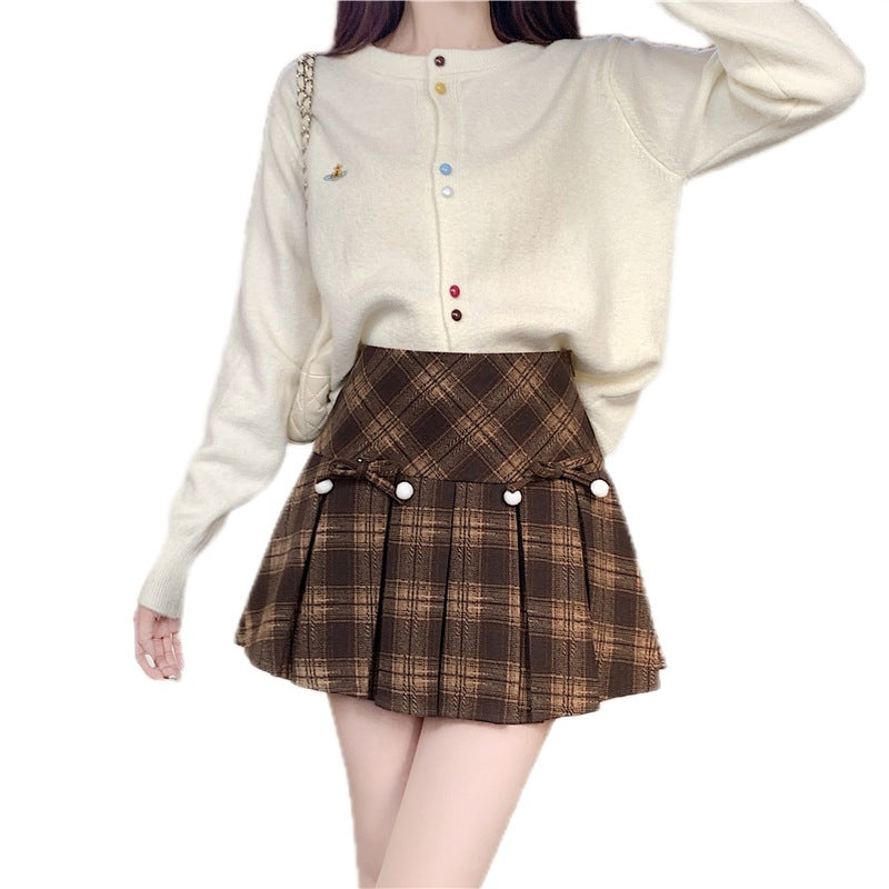 Plaid Pleated High Waist Umbrella Culottes Skirt for Autumn Style