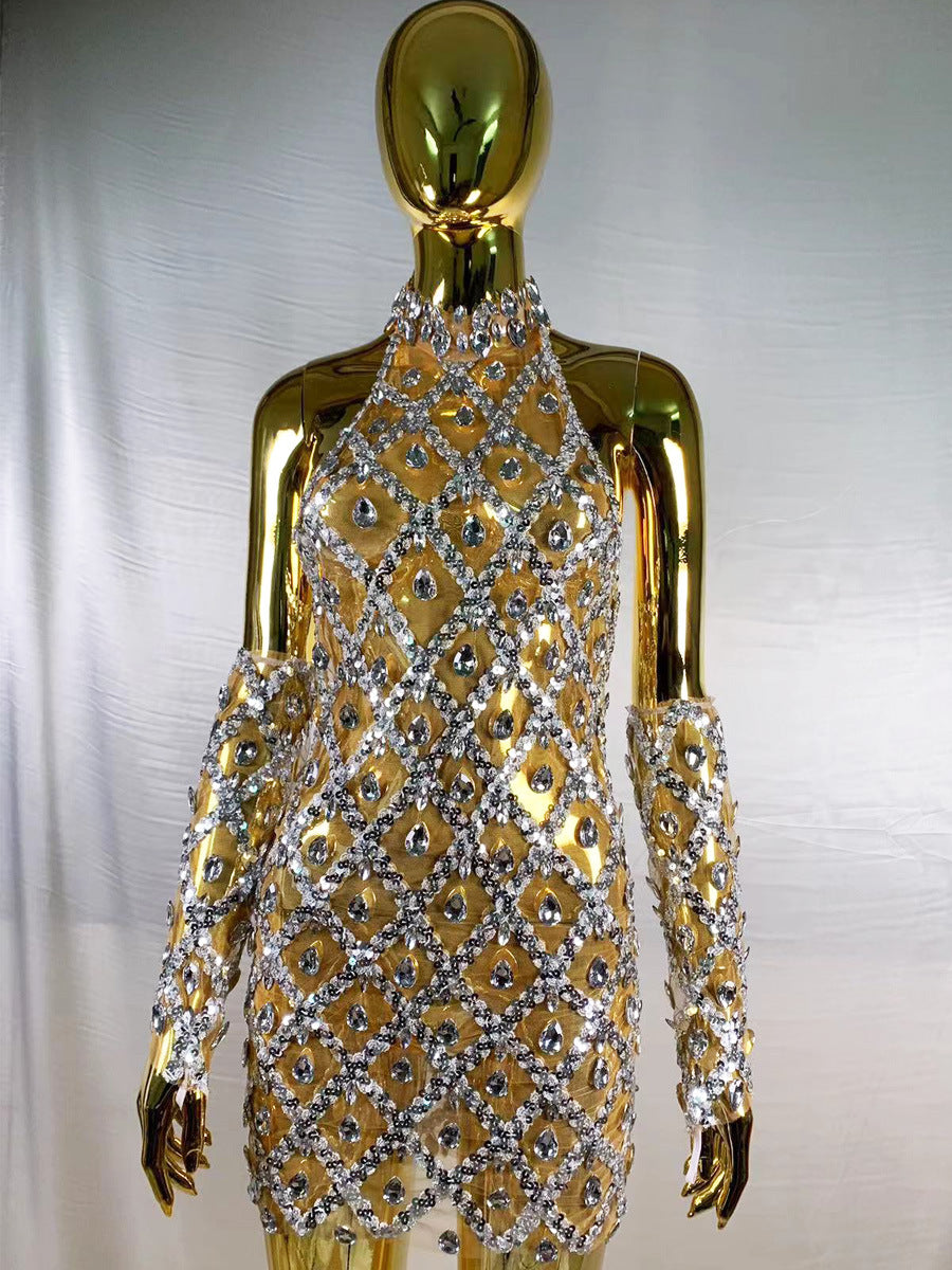 Rhinestone Plaid Sequined Gloves for a Stunning Evening Dress