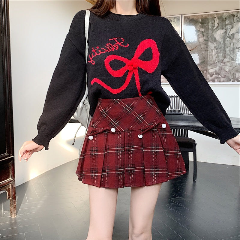 Plaid Pleated High Waist Umbrella Culottes Skirt for Autumn Style