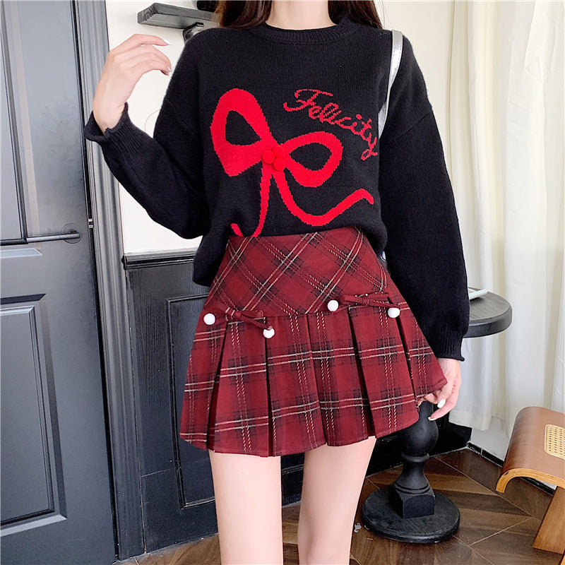 Plaid Pleated High Waist Umbrella Culottes Skirt for Autumn Style