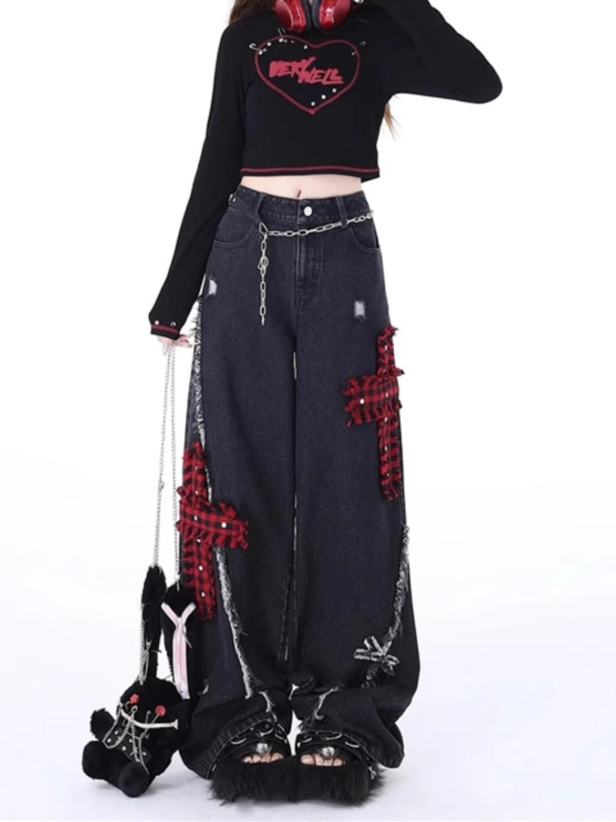 Plaid Jeans with Distressed Details and High Waist Design