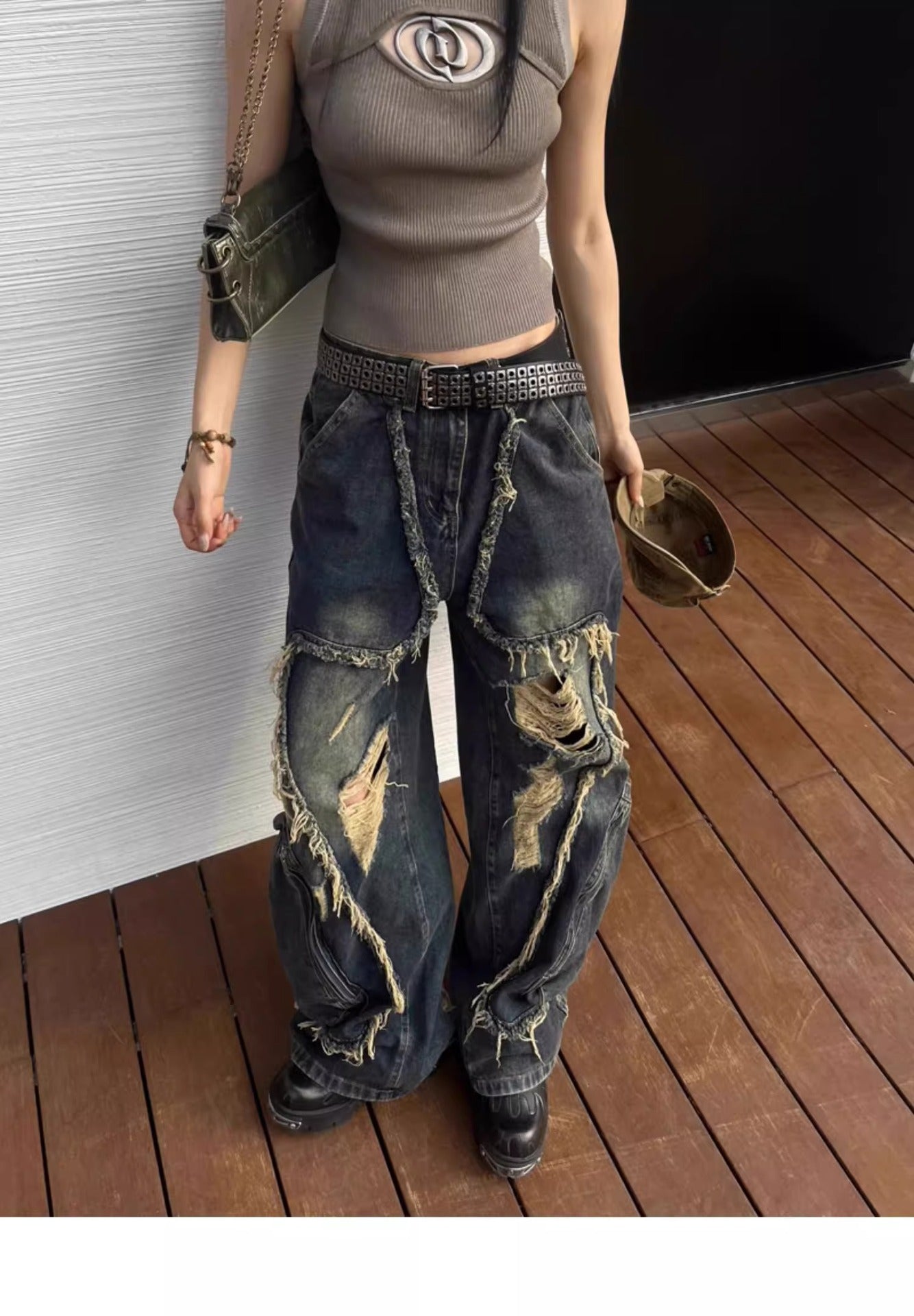 Ripped Jeans with Distressed Style and Big Pockets