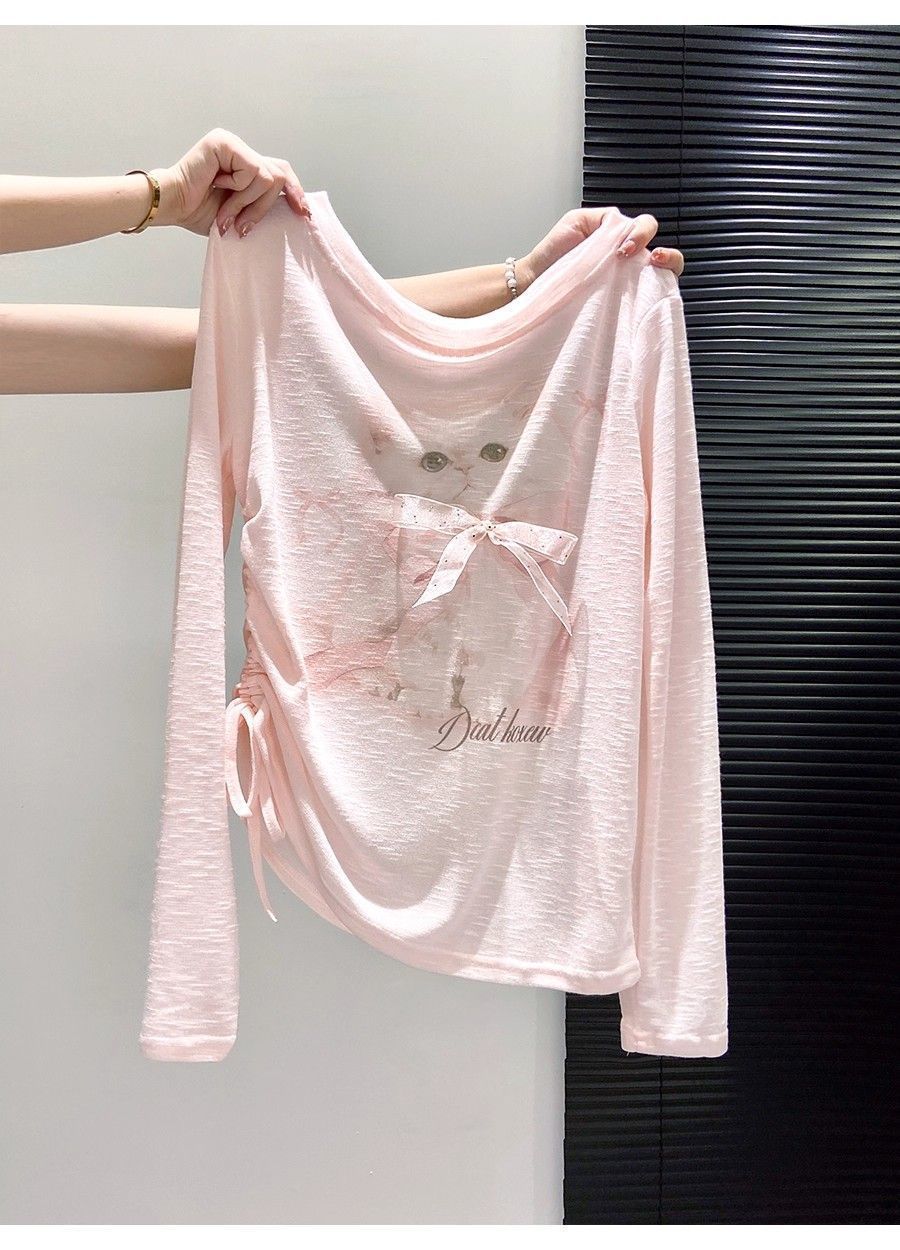 Cute Cat Print Long Sleeve Pullover Top for Fun Fashion Lovers