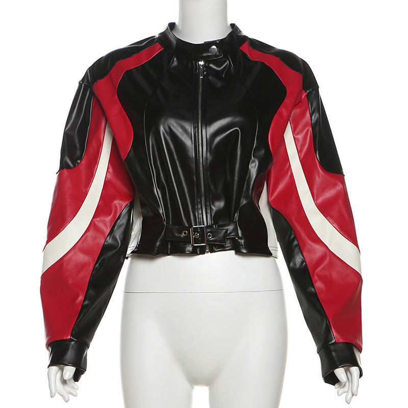 Motorcycle Slim Round Neck PU Leather Jacket with Color Matching Design