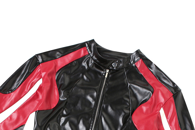 Motorcycle Slim Round Neck PU Leather Jacket with Color Matching Design