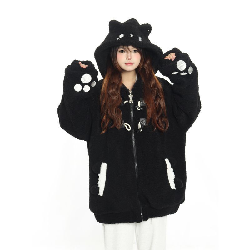 Cute Rabbit Hand Claw Big Ears Lamb Wool Coat with Zipper Detail
