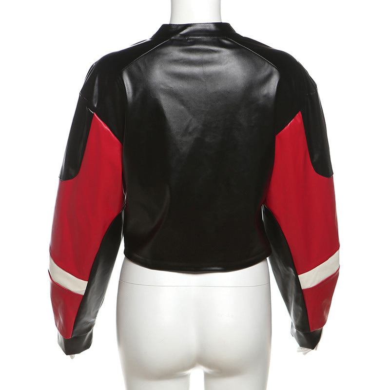 Motorcycle Slim Round Neck PU Leather Jacket with Color Matching Design