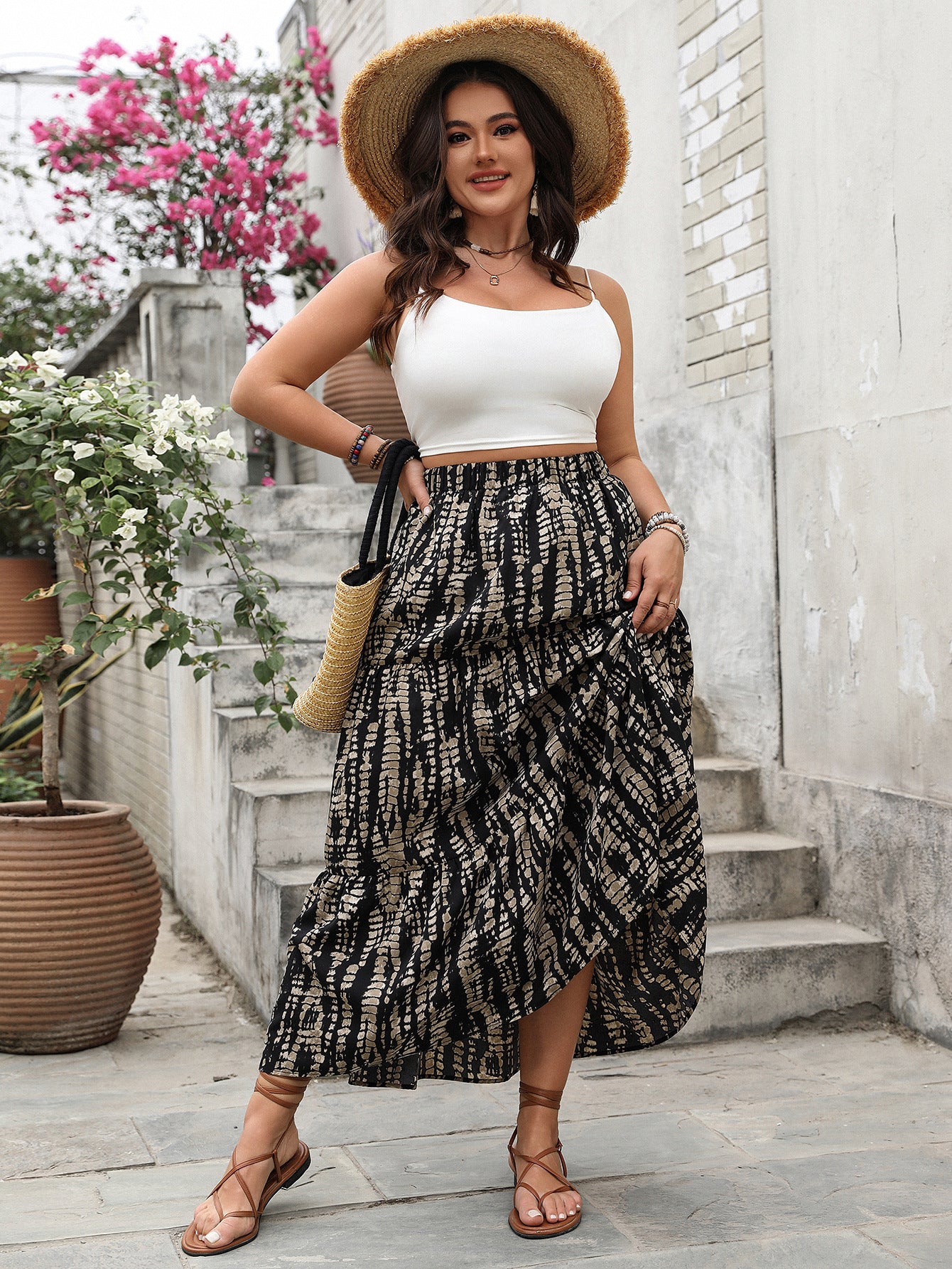 High Waist Plus Size Skirt with Elegant Stripe Pattern Design
