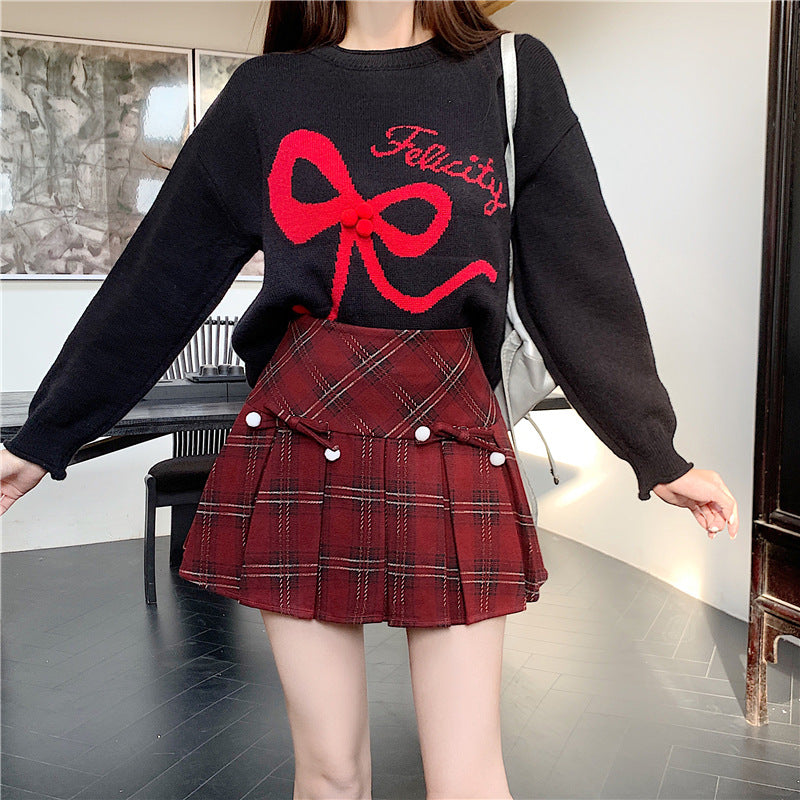 Plaid Pleated High Waist Umbrella Culottes Skirt for Autumn Style