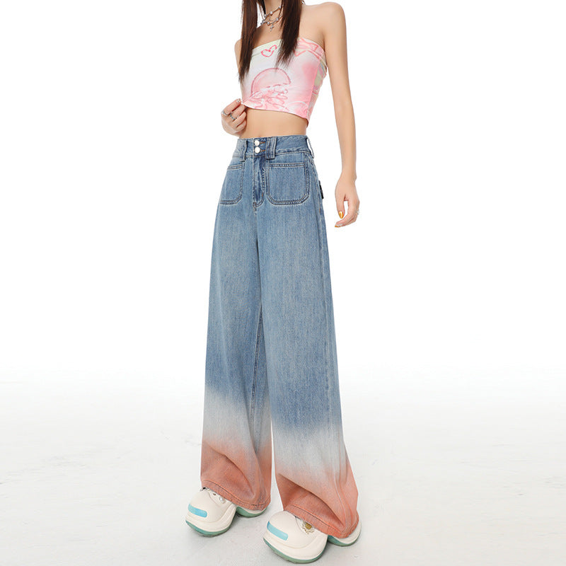 High Waist Wide Leg Jeans with Retro Blue Gradient Style