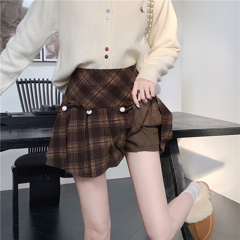 Plaid Pleated High Waist Umbrella Culottes Skirt for Autumn Style