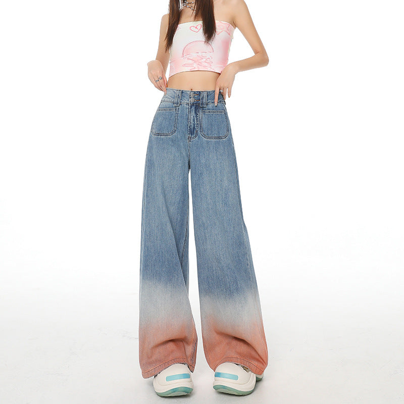 High Waist Wide Leg Jeans with Retro Blue Gradient Style