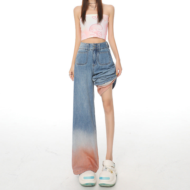 High Waist Wide Leg Jeans with Retro Blue Gradient Style