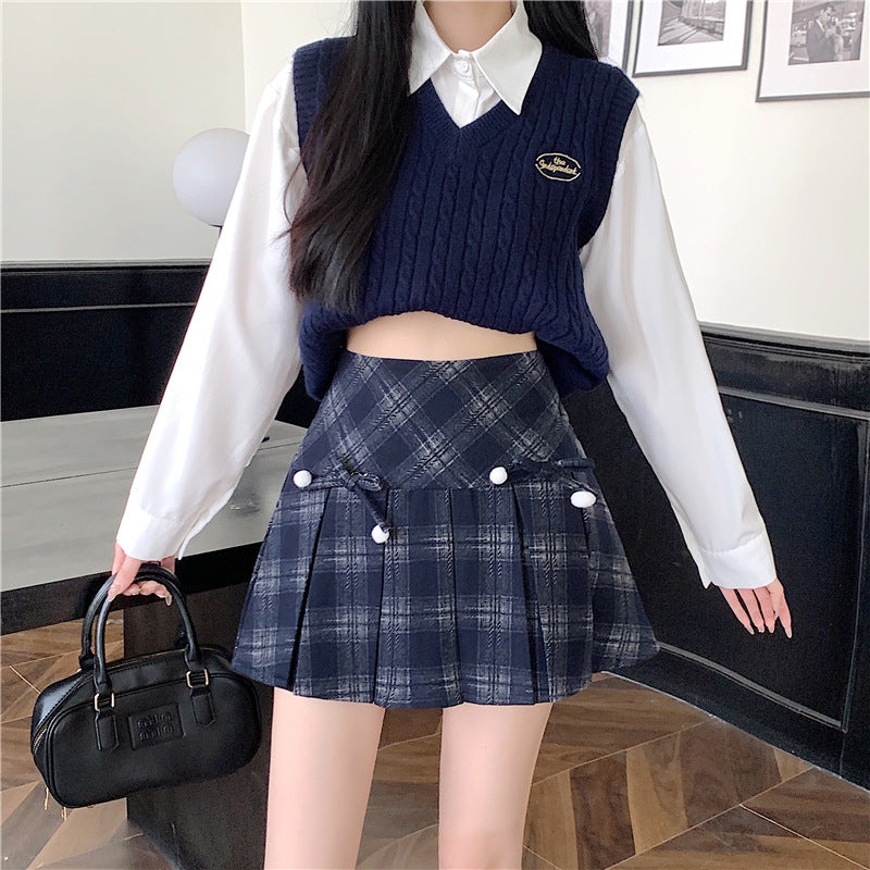Plaid Pleated High Waist Umbrella Culottes Skirt for Autumn Style