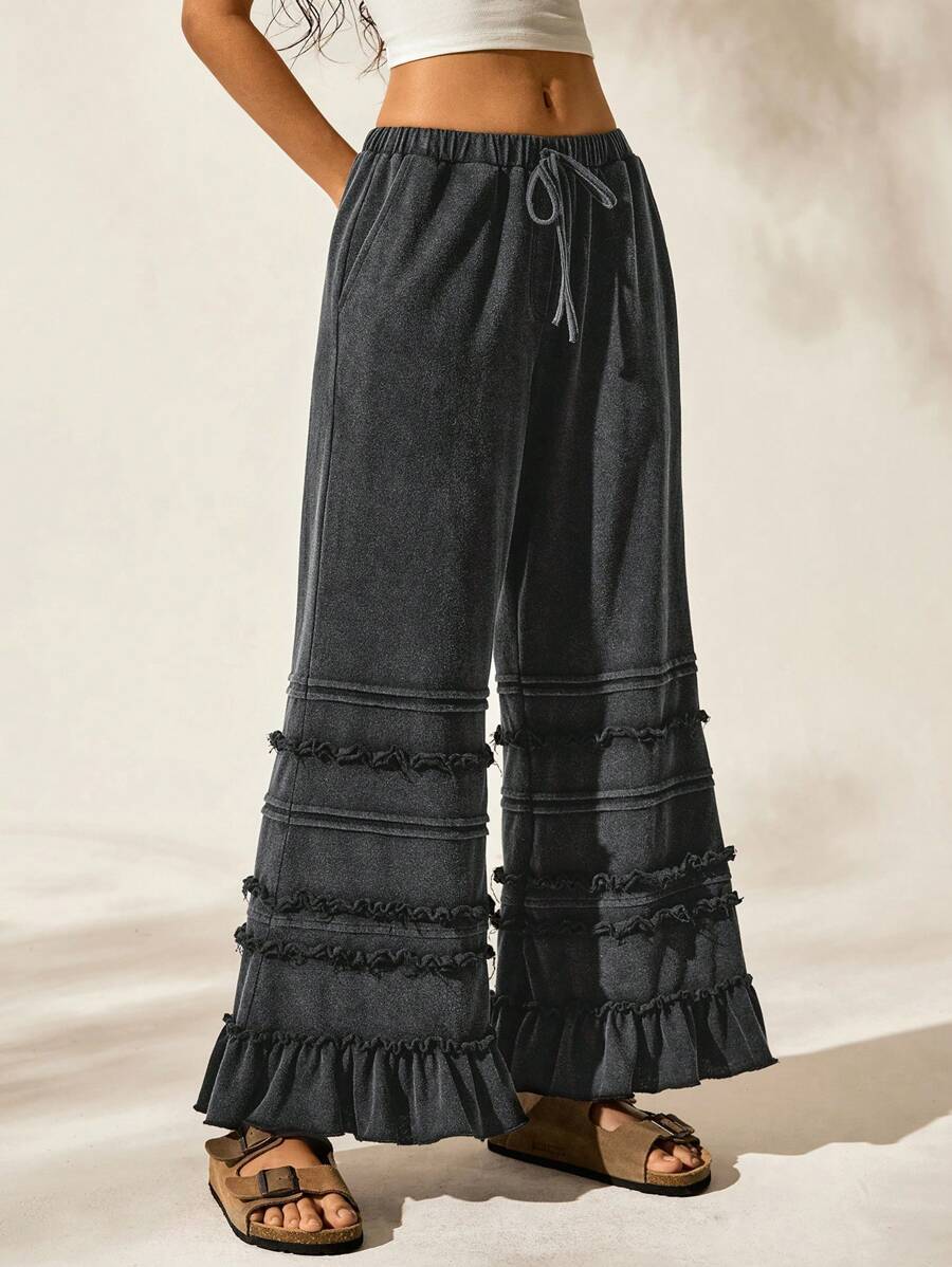 Flared Pants with Vintage Wash and Loose Fit Style