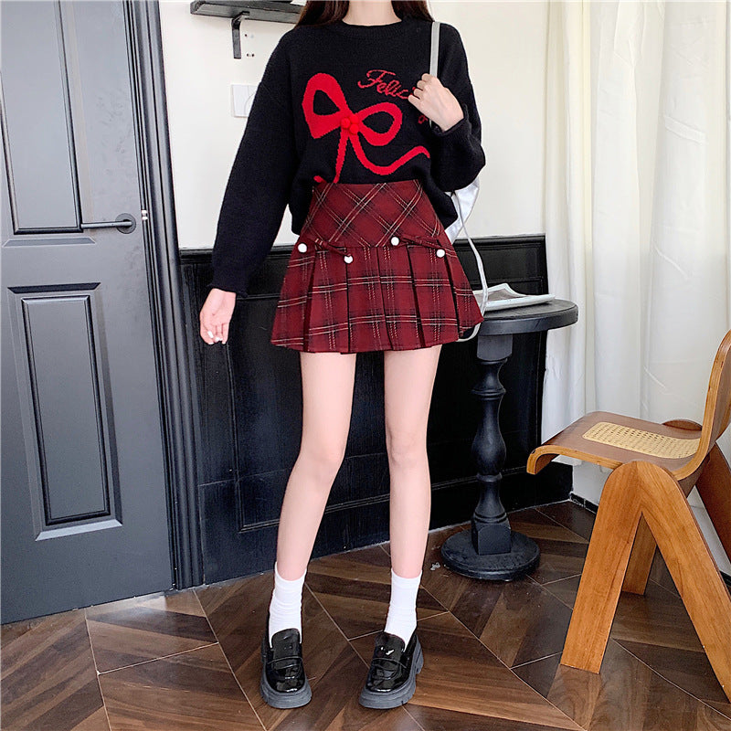 Plaid Pleated High Waist Umbrella Culottes Skirt for Autumn Style