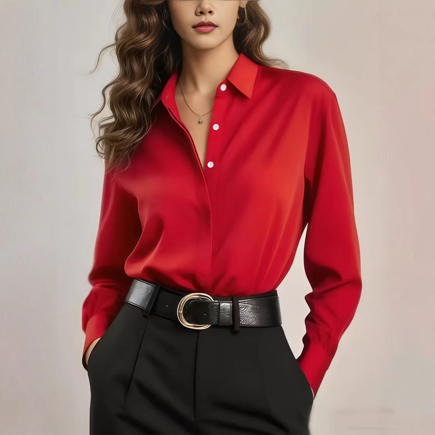 Solid Color Loose Button Lapel Shirt with Long Sleeves