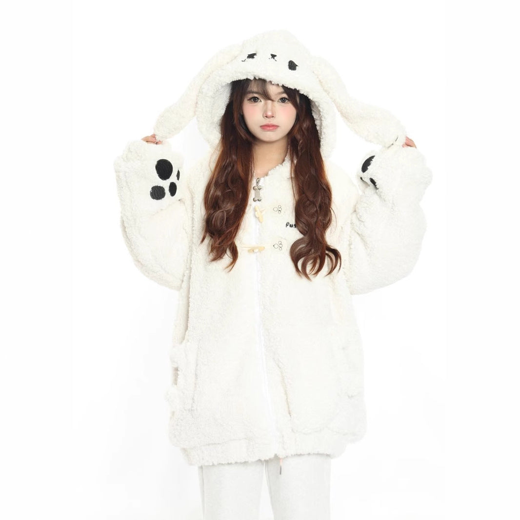 Cute Rabbit Hand Claw Big Ears Lamb Wool Coat with Zipper Detail