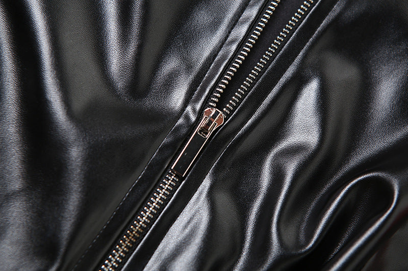 Motorcycle Slim Round Neck PU Leather Jacket with Color Matching Design