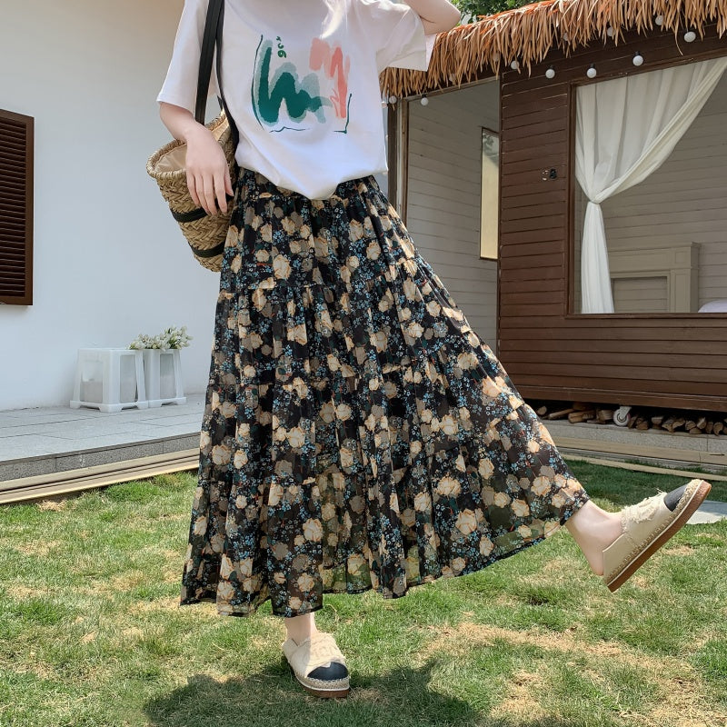 A-Line Chiffon Floral Skirt with Colorful Print Style