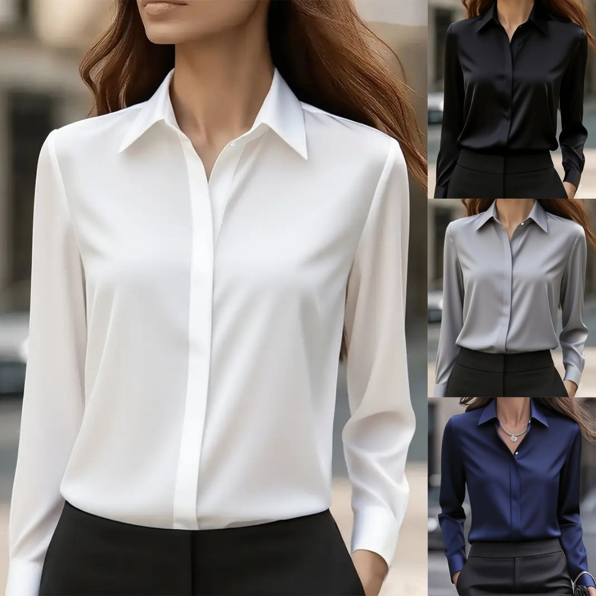 Satin Blouse with Long Sleeve Lapel Design for Effortless Elegance