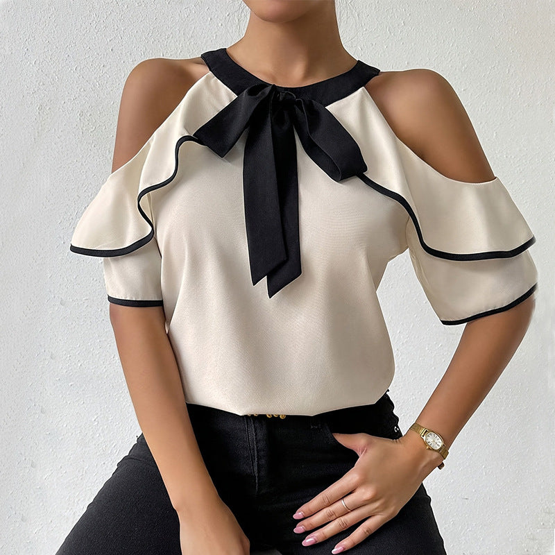 Short-sleeved Bow Collar Pullover Shirt with Stylish Design