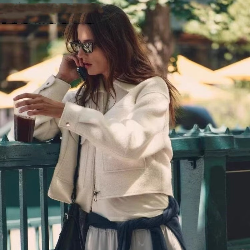 Beaded Leather Jacket with Large Pockets and Lapel Style