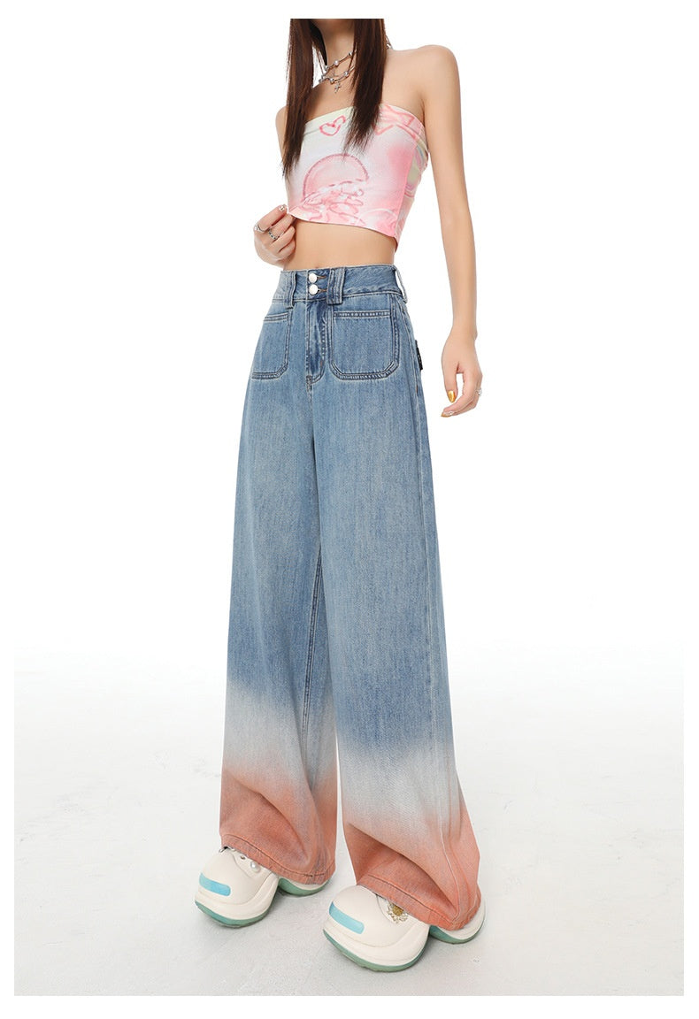High Waist Wide Leg Jeans with Retro Blue Gradient Style
