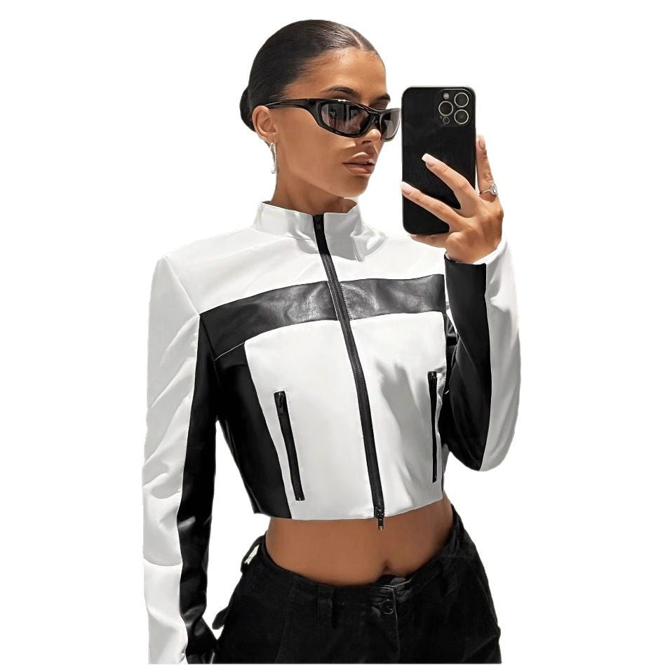 Black and White Contrast Color Leather Jacket with Zipper Closure