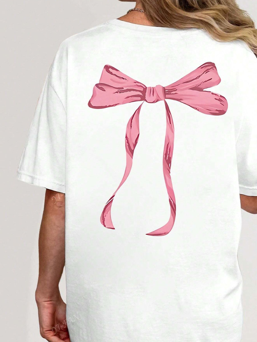 Round Neck Polyester Short-Sleeved Top with Bow Print Design