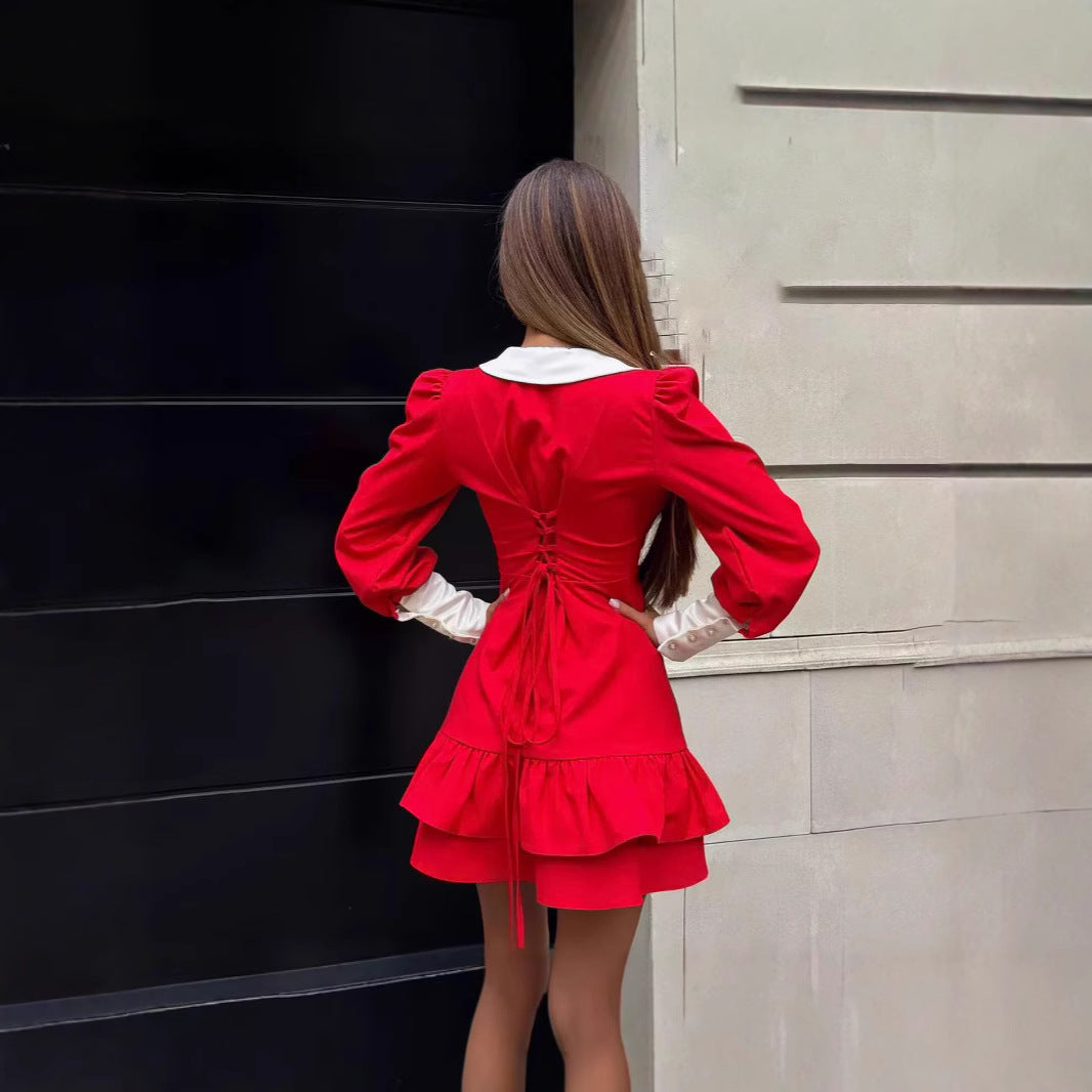 A-line Dress with Lace-up Waist and Ruffled Contrast Details