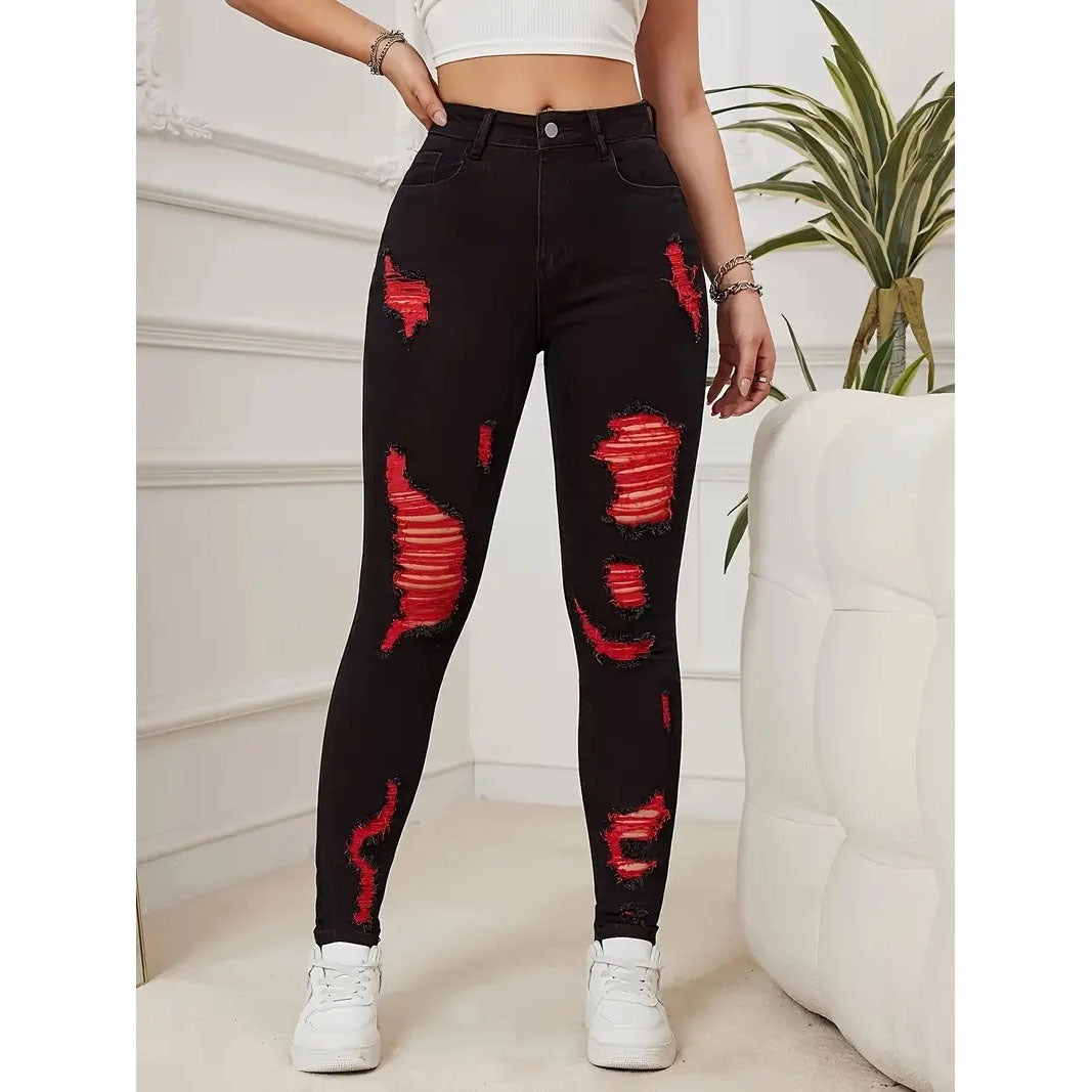 Denim Trousers with Ripped Contrast Colors for Street Fashion Style